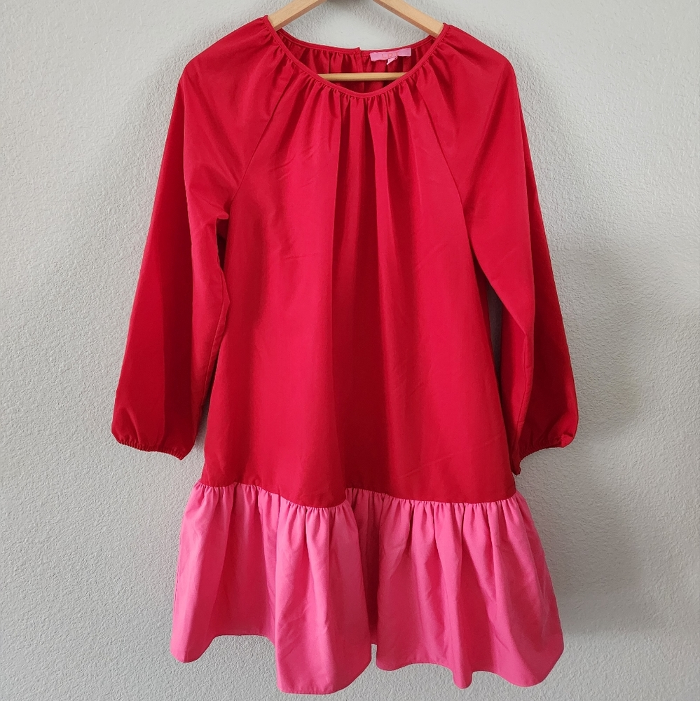 LDT Rachel Color Block Jewel Neck 3/4 Sleeve Ruffled Poof Waistless Dress size 4
